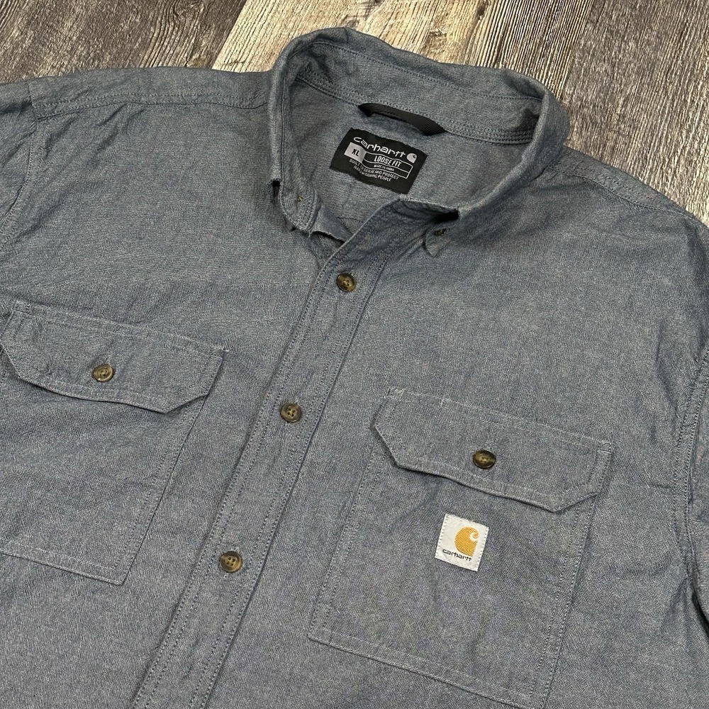 Carhartt Short Sleeve Denim Blue Chambray Button‎ Down Shirt Loose Fit Men's XL